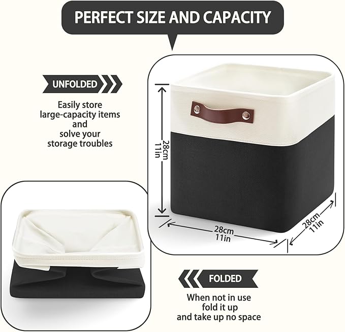 Patvingot 6-Pack Foldable Fabric Storage Cubes 11x11 Inch, Sturdy Cube Organizer Bins with Leather Handles, Storage Baskets for Closet Shelves and Home Organization(White/Black)