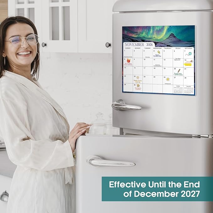 Aesthetic 2026-2027 Magnetic Calendar for Refrigerator, 21-Month Fridge Calendar Magnet from April 2026 to December 2027, Easy Organizing, Global Attractions