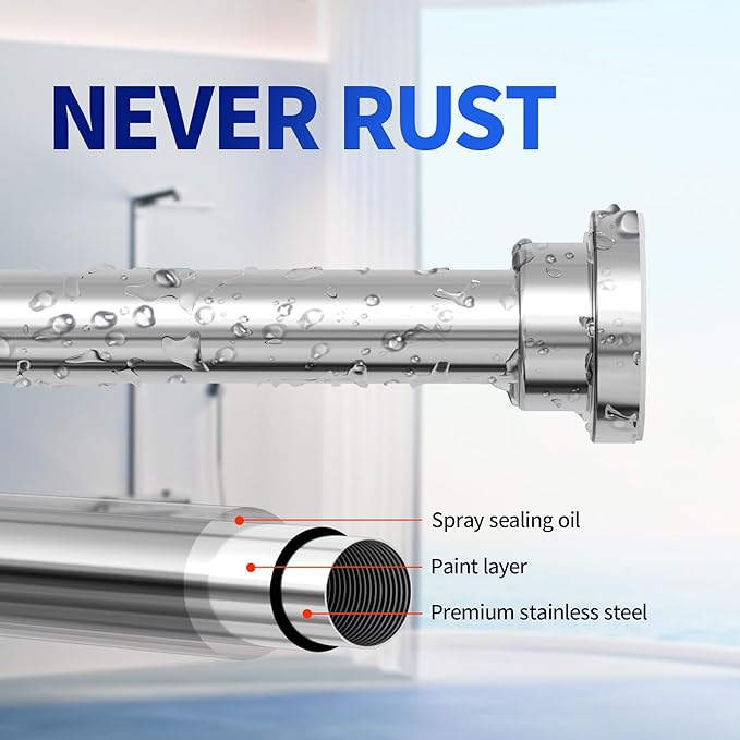Mcrbeay Shower Curtain Rod, 1" Diameter Heavy Duty Tension Shower Rod, Non Slip Adjustable 28-46 inch No Drilling Shower Curtain Rods Spring Tension For Bathroom, Shower Stall, No Rust, Silver