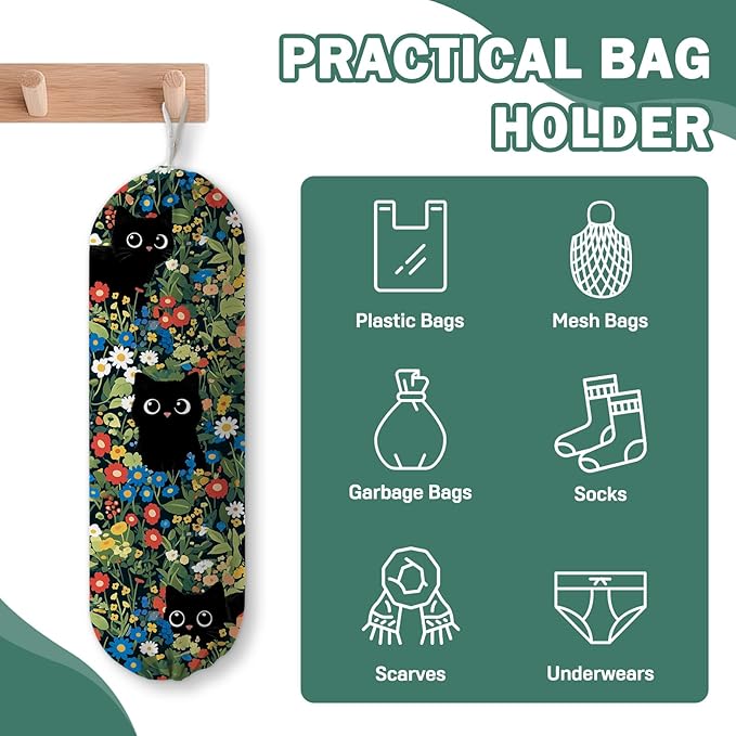 Plastic Bag Holder, Grocery Bag Organizer Storage, Kitchen Dispenser Holders Reusable Shopping with Adjustment Drawstring Closure for Kitchen Farmhouse Decor, Black Cat Flower