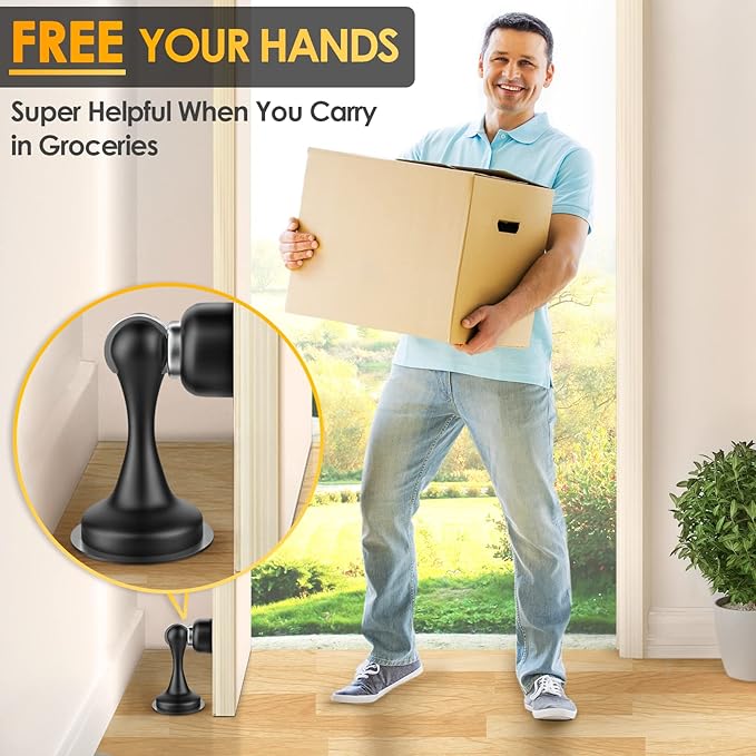 Door Stoppers Magnetic Door Catch - Stainless Steel Heavy Duty Door Holder Stops for Bottom Top of Door - Wall Floor Mounting No Drill 3D Adhesive & Screws Strong Magnet Keep Door Open 6 Pack