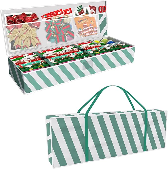 Safana Wrapping Paper Organizer Storage Bag, 42" Durable 600d Oxford Christmas Gift Wrapping Organizer Box Under Bed Storage Containers for Decorations Paper Rolls, Ribbons, Balls, Bows (Green Stripe)