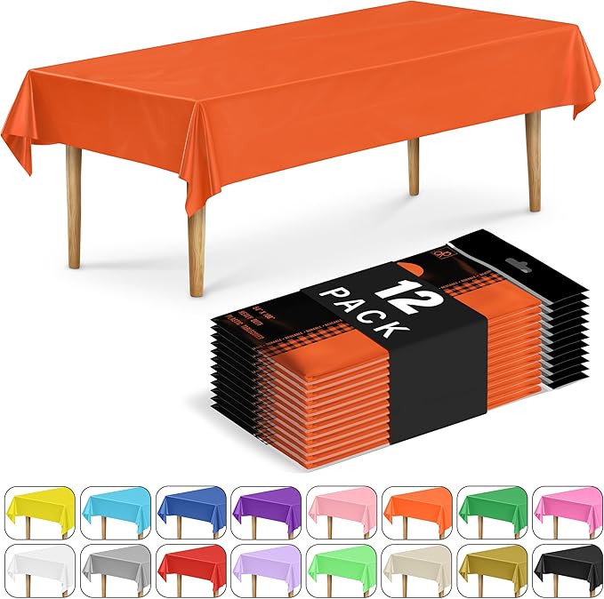 DecorRack 12 Rectangular Tablecloths BPA-Free Plastic, 54 x 108 inch, Dining Table Cloth, Rectangle Table Cover for Parties, Picnic, Camping and Outdoor, Disposable or Reusable, Orange (12 Pack)