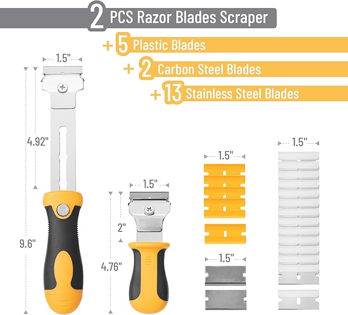 Bates- Razor Blade Scraper Set, 2 Pack, Standard and Adjustable Handle, Extra 20 Blades, 13x Stainless Steel, 2x Carbon Steel, 5x Plastic Blades, Razor Scraper Tool with Built-in Storage