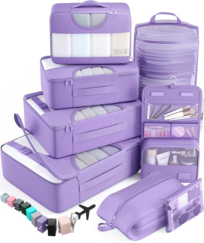 Veken 8 Set Packing Cubes for Travel Essentials, Suitcase Organizer Bags in 4 Sizes, Carry-On Luggage Accessories with Large Laundry & Hanging Toiletry Bag, Must-Have for Airplane, Road Trip & Camping