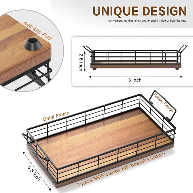 Acacia Toilet Paper Basket, 13 Inch Tank Tray Top of Toiletries Storage Organizer for Bathroom, Living Room and Kitchen (Acacia & Black)