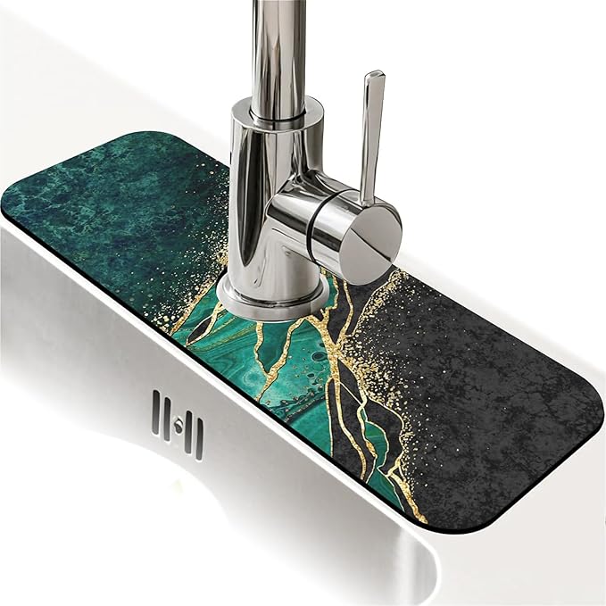 Kitchen Sink Splash Guard, Black and Green Gold Marble Faucet Mat Sink Gadgets - Super Absorbent Fast Drying Mat Drip Catcher for Kitchen, Bathroom, Sink Mat, Dish Drying Mat, Bathroom (15" x 5.5")
