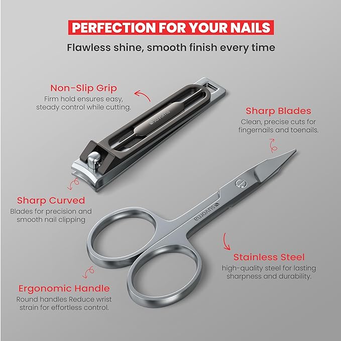 Suvorna Manicure Pedicure set with Toenail Clippers, Cuticle Nippers, Nail Clippers, Nail Scissors, 2 Cuticle Pusher, Nail File & Tweezer - Made with Stainless Steel - Nail Care kit (Black, 8 Pcs)