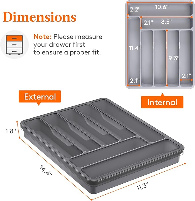 Lifewit Silverware Organizer with Lid, Covered Utensil Tray for Kitchen Drawer and Countertop, Plastic Cutlery and Flatware Storage Box for Spoons Forks Knives Holder Case, 7 Compartments, Gray