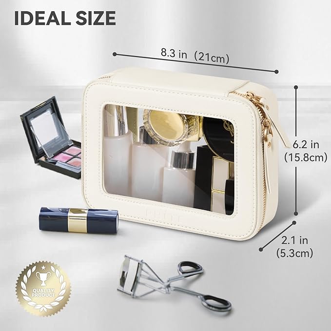 Prite Clear Makeup Bag Cosmetic Organizer Case Waterproof Travel Toiletry Bag Skincare Pouch with Golden Zipper (Beige)