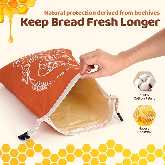 2 Pack Beeswax Bread Bags with Zipper, XL(13x17in) Sourdough Bread Storage for Homemade, Freezer Storage Bag to Keep Fresh, Cotton Beeswax Container, Baguette Bag with Liner, Kitchen Baking (Orange)
