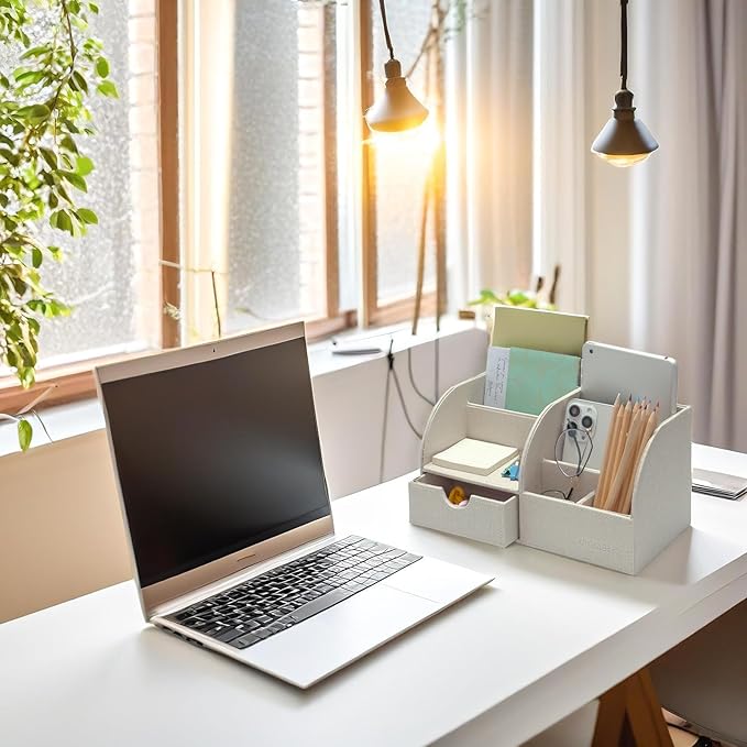 UnionBasic Desk Organizer, Multi-functional Leather Desktop Office Organizer, Pen Holder - Business Card/Pen/Pencil/Mobile Phone/Stationery Holder Storage Box, Beige