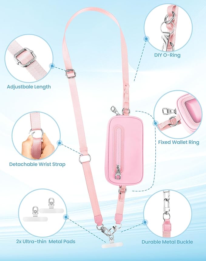 SHANSHUI Clip and Go Phone Lanyard Wallet, Hands-Free Crossbody Strap with Zipper Pocket & ID Window, Includes 2 Metal Tether Pads for Phones, Keys, Earphones, Accessories, Pink