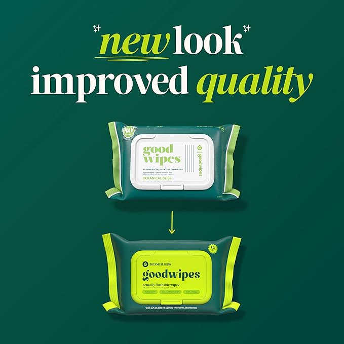 goodwipes Flushable Wipes - Botanical Bliss Wet Wipes for Adults, Sewer & Septic Safe, Guest Bathroom Essentials for Women & Men, pH Balanced & Extra Large, 153 Count (3 Packs and 3 Singles)