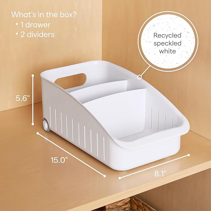 YouCopia RollOut Pantry Drawer, 8", BPA-Free Storage Caddy for Kitchen Pantry and Cabinet Organization, Tea Bags, Medicine, and More, White