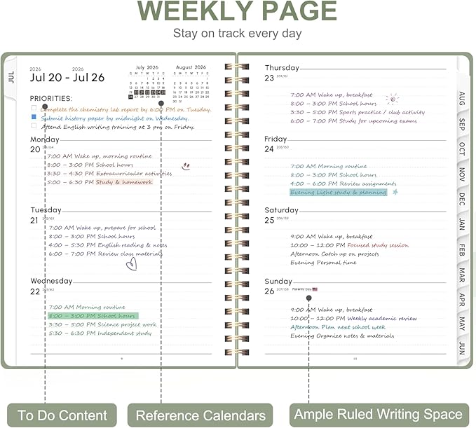 Planner 2026-2027, Weekly and Monthly Academic Year Calendar Planner, July 2026 - June 2027, Daily Agenda Book for Office School Supplies, A5(6.3'' x 8.5'')