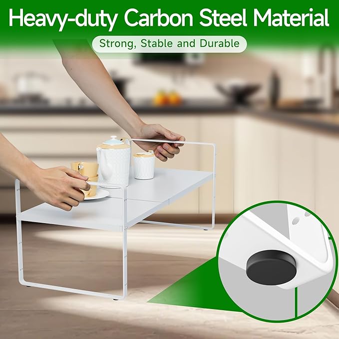 LOCVCDA Expandable Cabinet Organizer Shelf, Adjustable Height Organizer Riser for Kitchen Cabinet Spice Rack Locker Pantry Cupboard Under Sink Countertop Desk Organization Metal Stackable Shelves
