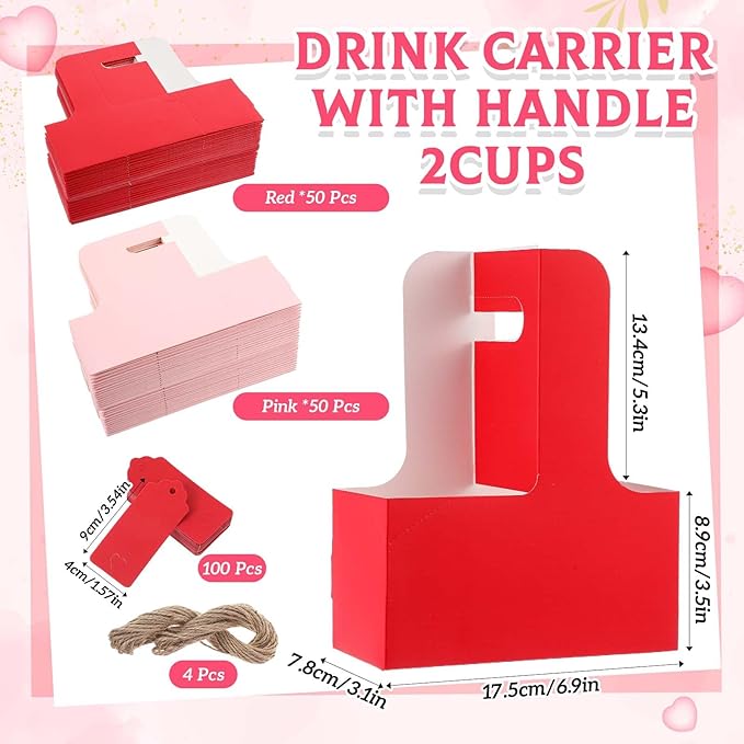 MotiMind 100 Pack Mother's Day 2 Cup Drink Carrier with Handle, Kraft Paperboard Teacher Cup Holder Portable for Hot Cold Drinks, Coffee Carrier Gift with Heart Card Rope (Red,Pink)
