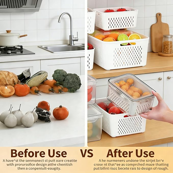 Fruit storage containers for fridge，with detachable drainer basket and airtight seal, stackable produce organizer, prolongs freshness of berries, greens, meats