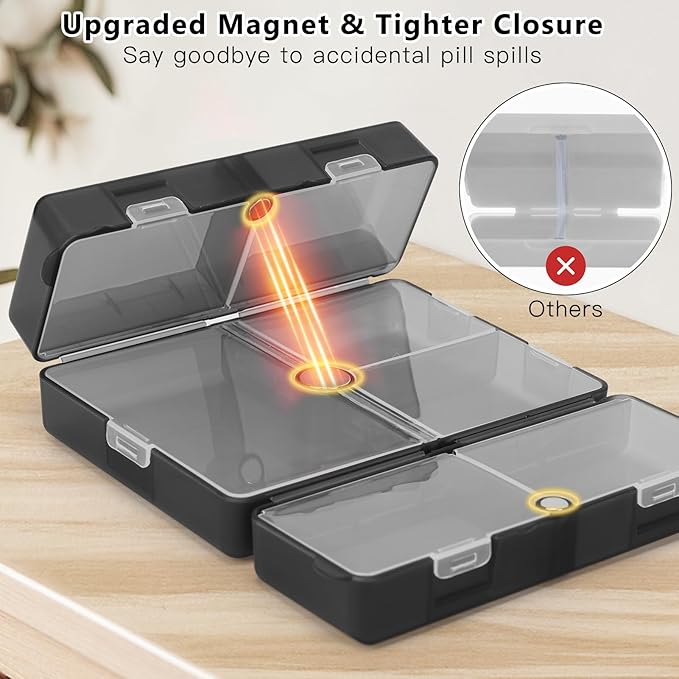 FYY 2 Pcs Daily Pill Organizer, 7 Compartments Portable Pill Case Travel Pill Organizer,[Folding Design]Pill Box for Purse Pocket to Hold Vitamins,Cod Liver Oil,Supplements and Medication-Clear Black