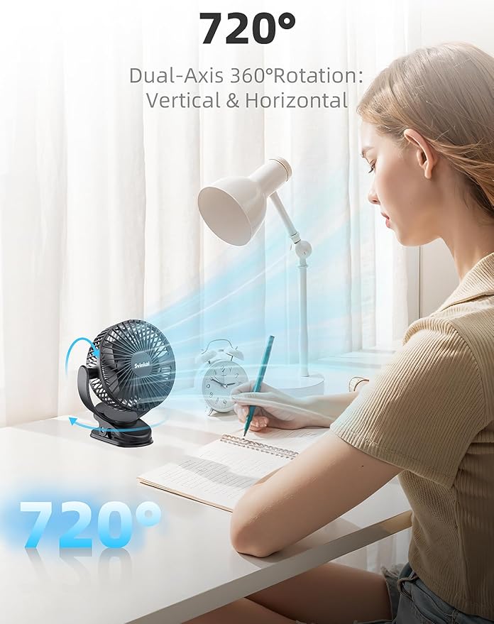 USB Portable Clip on Fan, 2400mAh Battery Type-C 6in, 3 Speed 720° Tilting Head, Black Personal Rechargeable Fan for Desk, Bedside, Golf Cart, Baby Stroller, Indoor & Outdoor Use