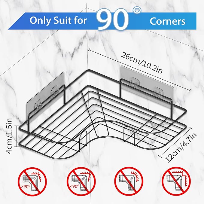 Corner Shower Caddy, 2 Pack Adhesive Shower Corner Organizer Shelves, No Drilling Stainless Steel Shower Storage Rack for Bathroom, Dorm and Kitchen, Black