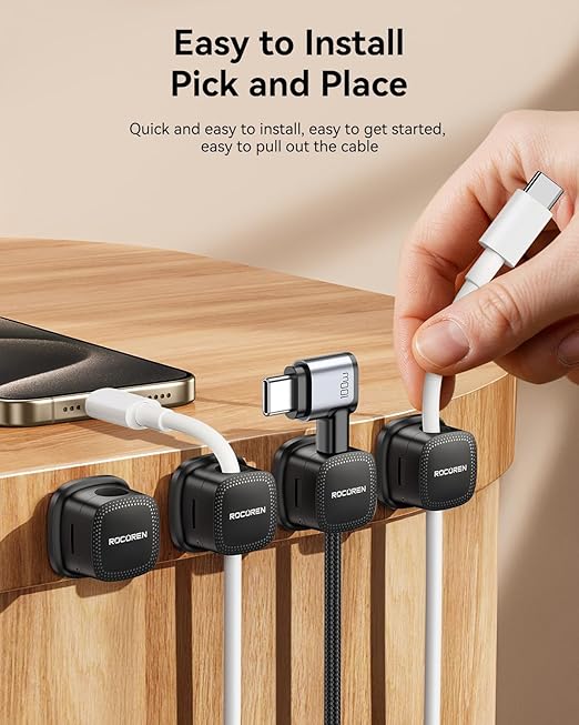 6 Pack Cable Management Cord Organizer,Magnetic Cable Clips-1s Lock,Rocoren Desk Adhesive Cord Cable Clip Wire Holder Keeper for Phone Charger Wire,Nightstand,Car,Office,Desktop Accessory,Black