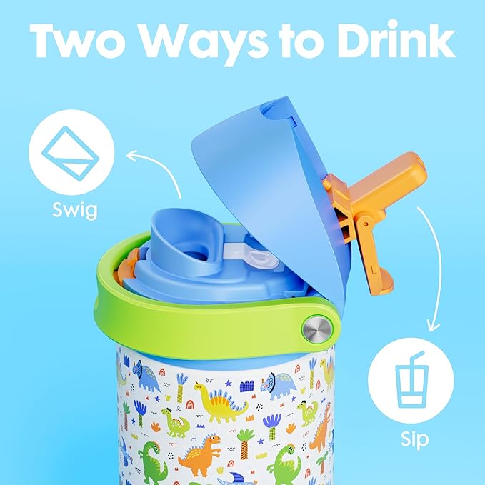18 oz Insulated Water Bottle for Sports: Meoky Stainless Steel Kids Water Bottle with 2-in-1 Straw and Spout Lid - Leak Proof, Fits in Car Cup Holder, BPA-Free for School Gym Travel, Dinosaur Party