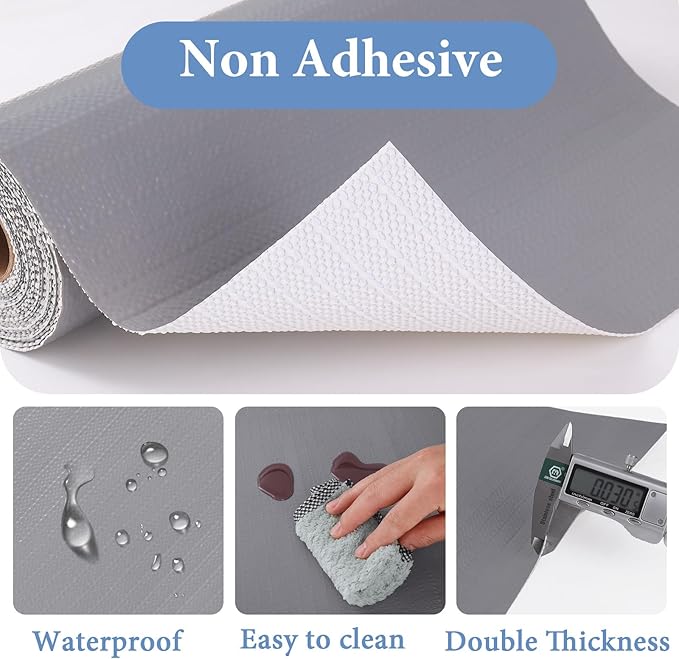 Shelf Liners for Kitchen Cabinets Non Adhesive Drawer Liner 12in x 30FT Pure Grey Thickened Shelf Liner Strong Non-Slip Easy to Clean for Tool Box Refrigerator with Knife and Tape Measure