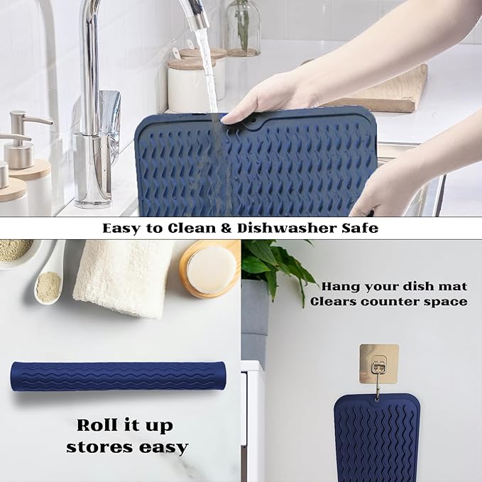 ZLR Silicone Dish Drying Mat for Kitchen Counter, Eco-Friendly Fast Dry Dish Mat, Easy Clean Multi Usage Drying Matt, Heat Resistant Trivet, 12" x 12" Middle, Midnight Blue