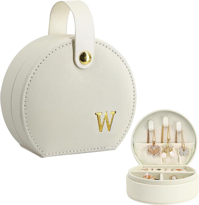 COLLECTIVE HOME - Travel Jewelry Case, Elegant Half-Moon Design with Gold Monogram, Detachable Handle, Personalized Accessory Organizer, Gift for Fashion-Forward Women and Teens (w)