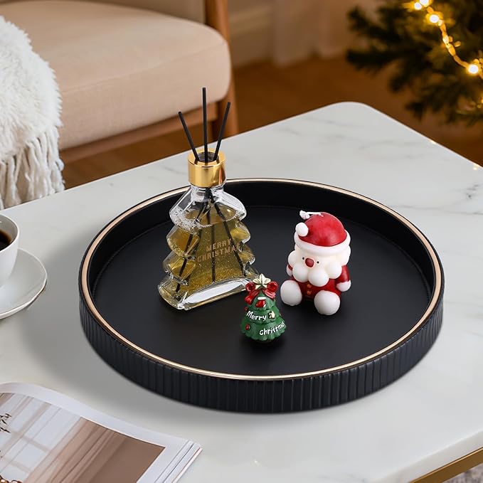 KINGFOM Round Tray for Coffee Table, PU Leather Valet Nightstand Desk Organizer for Men Women, Golden Trim Tray for Home Decor Living Room Dining Table, Perfume Trays Nightstand Organizer Black