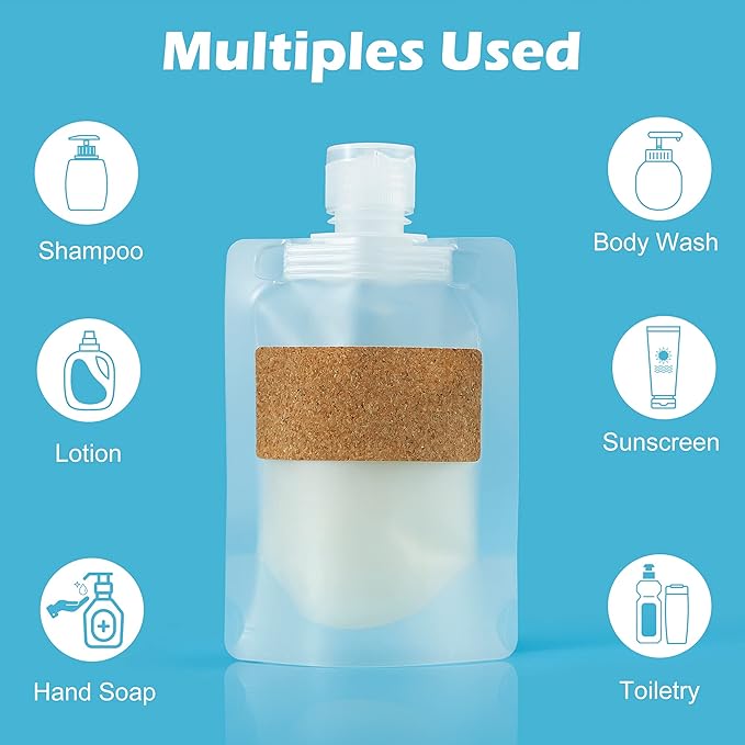 TailaiMei 12 Pieces Travel Pouches for Toiletries, TSA Approved Portable Travel Size, Refillable Stand Up Pouch for Shampoo/Conditioner/Lotion (1.7 & 3.4 oz)