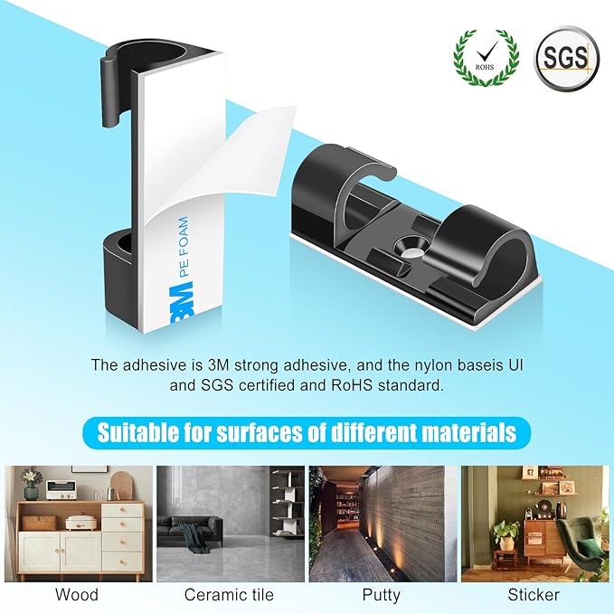 XHF 50pcs Medium Self Adhesive Cable Clips Black,Wire Clips Cable Management Wire Organizer Cord Holder for Under Desk, Car, Wall, TV PC Ethernet Cable