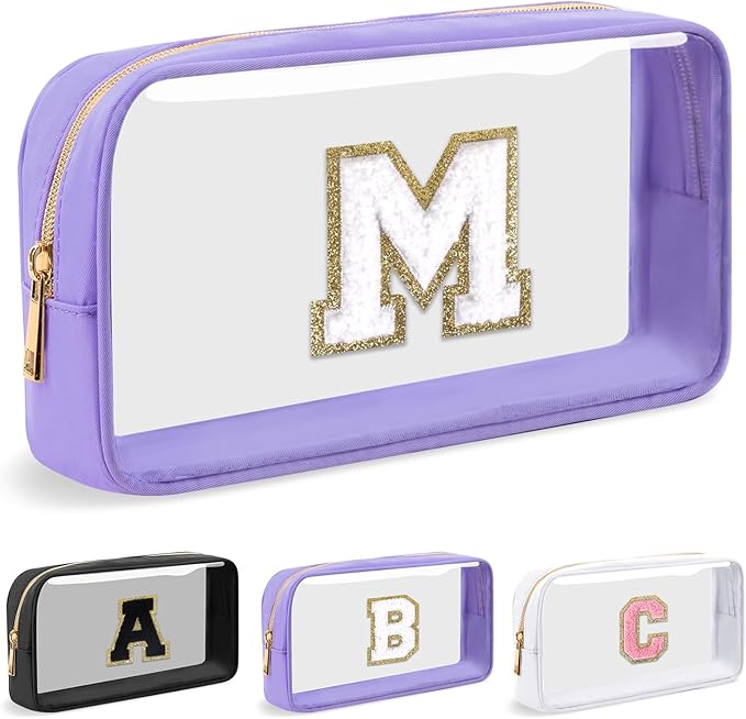 Personalized Initial Letter Clear Makeup Bag, Preppy Small Nylon&PVC Cosmetic Zipper Bag with Chenille Letter, Travel Skincare Toiletry Bag, Monogram Christmas Gift for Teen Girls Women, M