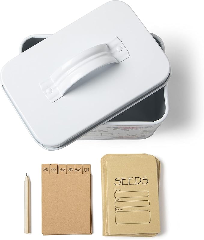 Katai – Seed Storage Box – Durable Metal Organizer for Gardeners with Lid, Monthly Dividers, 20 Envelopes & Pencil – Compact Floral Seed Packet Box