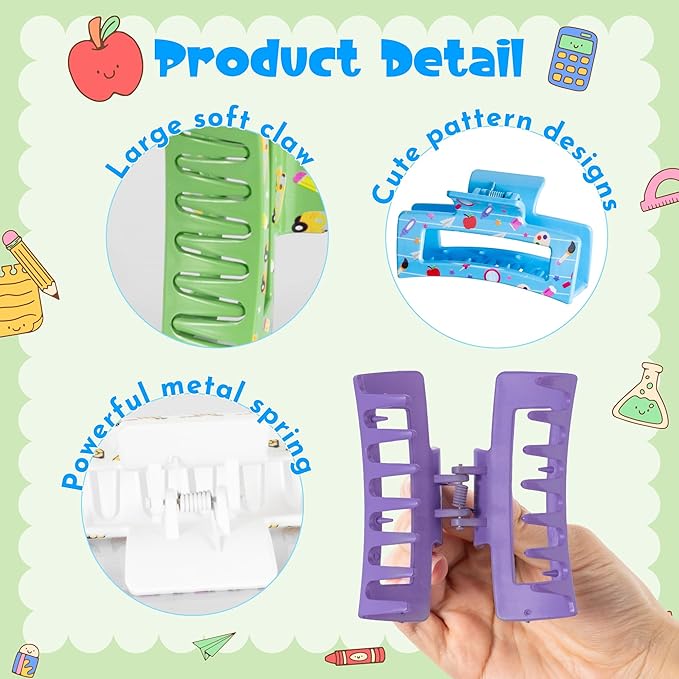 PANTIDE 8Pcs Teacher Hair Claw Clips Accessories for Women Girls - Cute Christmas Teacher Appreciation Gift Pencil Apple Rectangle Nonslip Hair Clips, Strong Hold for Thin Thick Curly Hair
