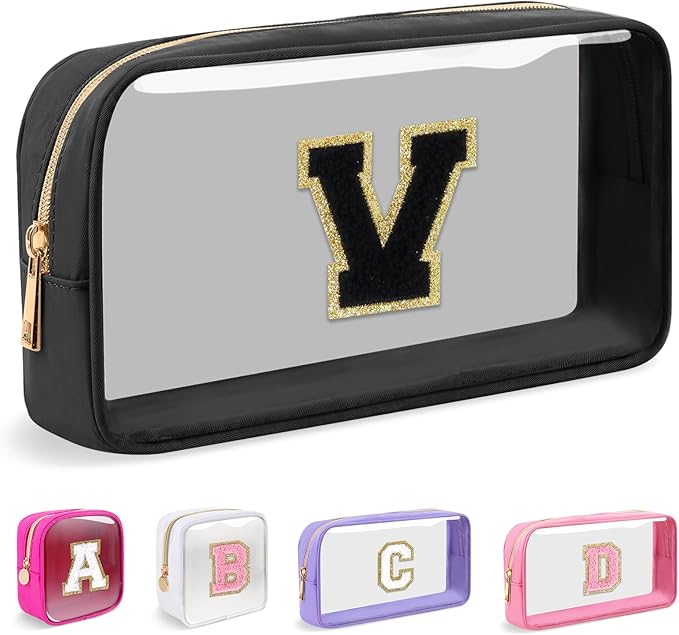 Small Clear Personalized Initial Makeup Bag, Preppy Nylon A-Z Chenille Letter Patch Makeup Organizer TSA Approved Travel Toiletry Bag,Waterproof Zip Beach Cosmetic Pouch Purse for Women(Black-Black V)