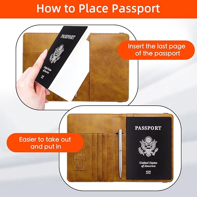 WALNEW Passport Holder for Travel, RFID Passport Cover Wallet for Women Men, PU Leather Passport Book Card Holder Case with Pen, Travelling Essentials for Flying