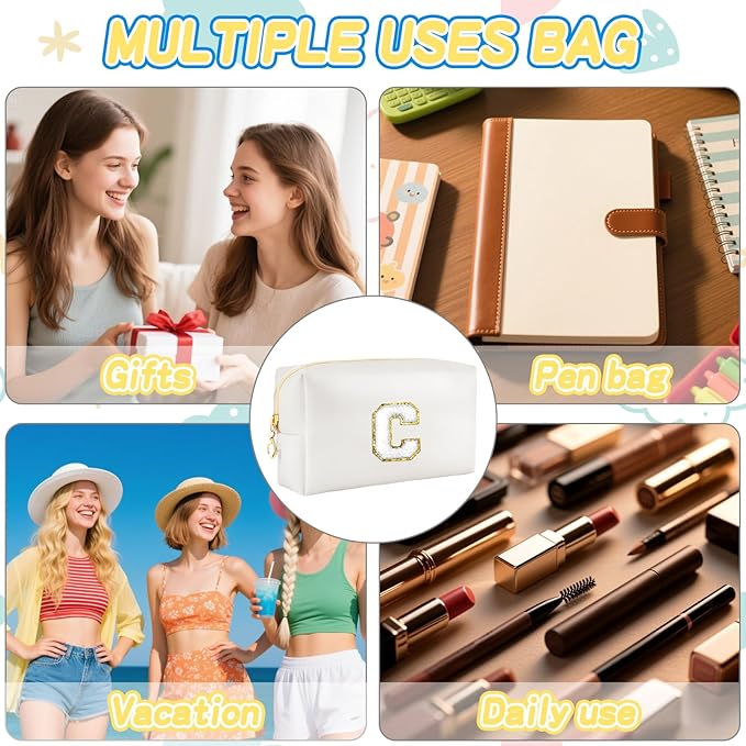 Gifts for Girls Initial Makeup Bag Personalized Cosmetic Bag with Zipper Cute Travel Toiletry Bags Waterproof PU Preppy Makeup Pouch Birthday Gift for Teen Girls Women(White C)