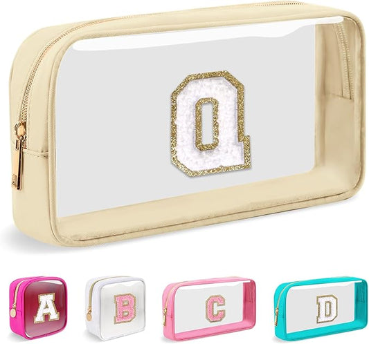 Small Clear Personalized Initial Makeup Bag, Preppy Nylon A-Z Chenille Letter Patch Makeup Organizer TSA Approved Travel Toiletry Bag,Waterproof Zip Beach Cosmetic Pouch Purse for Women(Beige-White Q)