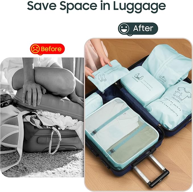 SKYREH 8 Set Travel Packing Organizers - Luggage Organizer for Suitcase Organization with Hanging Toiletry, Shoe & Laundry Bags, Packing Cubes for Travel Essentials, Cute Gifts for Women, Lake Blue