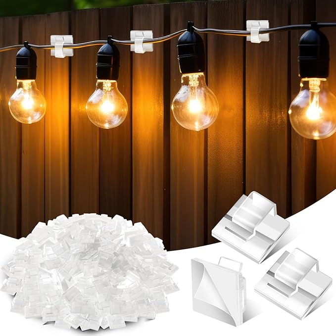 200 Pcs Outdoor Light Clips Adhesive Cable Clips for Christmas Outdoor String Lights with Adhesive Strips Patio Decor for Wall Wire Holder for Hanging Cable Management Cord Organizer (Clear)