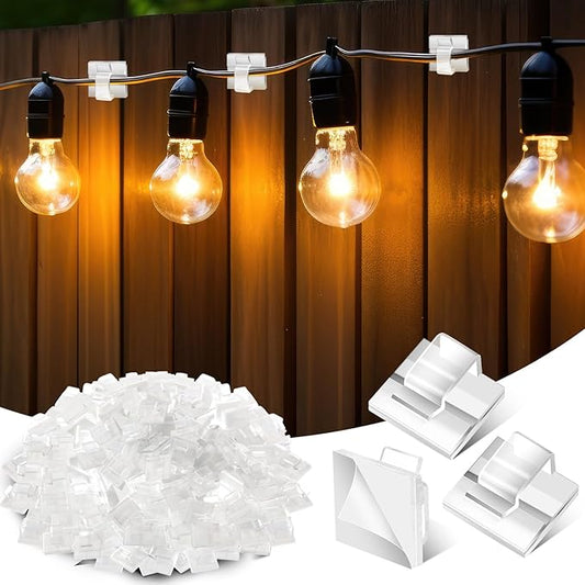 200 Pcs Outdoor Light Clips Adhesive Cable Clips for Christmas Outdoor String Lights with Adhesive Strips Patio Decor for Wall Wire Holder for Hanging Cable Management Cord Organizer (Clear)