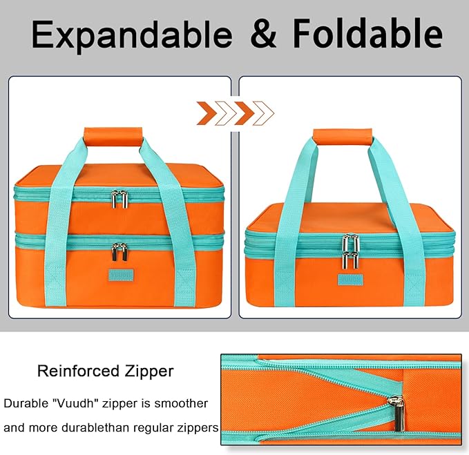 Vuudh Expandable Casserole Carrier Bag - Double Decker Food Bag, Insulated Casserole Carrier for Hot or Cold Food, Lasagna Holder Tote for Picnics, Beaches, Traveling or Gifts