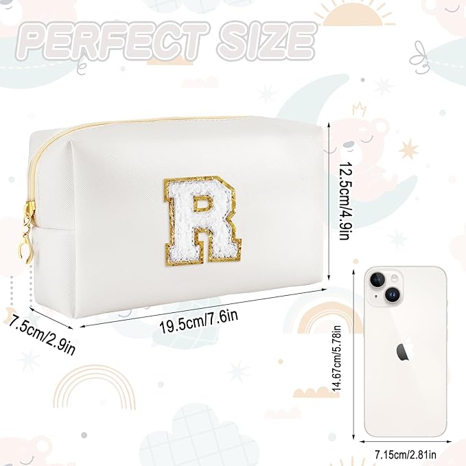 Gifts for Girls Initial Makeup Bag Personalized Cosmetic Bag with Zipper Cute Travel Toiletry Bags Waterproof PU Preppy Makeup Pouch Birthday Gift for Teen Girls Women(White R)