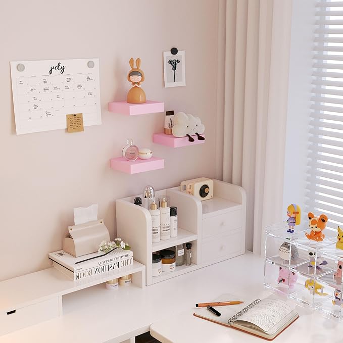 Small Pink Floating Shelves for Wall - 6 Inch Mini Square Shelves for Bedroom, Living Room, Bathroom, Kitchen, Office Decor Set of 3