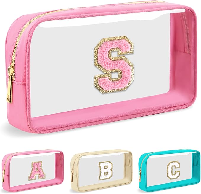 Personalized Initial Letter Clear Makeup Bag,Preppy Small Nylon&PVC Cosmetic Zipper Bag with Chenille Letter,Portable Beach Travel Skincare Toiletry Bag,Trendy Monogram Gift for Teen Girls Women,S