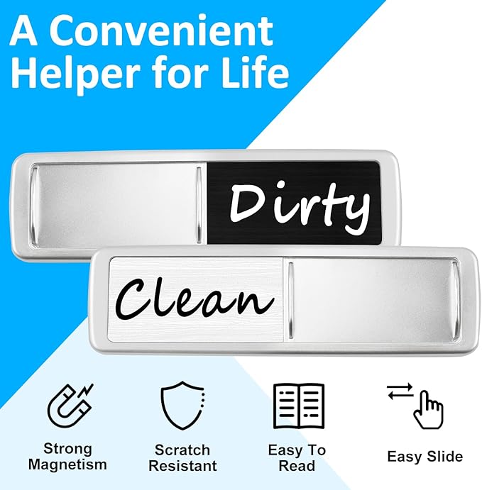 Dishwasher Magnet Clean Dirty Sign, Slide Strong Clean and Dirty Magnet Indicator for Dishwasher, Non-Scratch, Easy to Read, Self-Adhesive Stickers for Non-Magnetic Dishwasher, Refrigerator