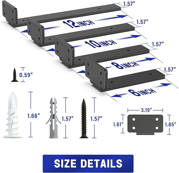 Goovilla Shelf Bracket, Heavy Duty Floating Shelf Brackets 10 inch Long, 6 Pack Brackets for Shelves, Black Coated Metal Wall Shelf Support Brackets with 1/5 Inch Thick and 160 lb. Load Capacity